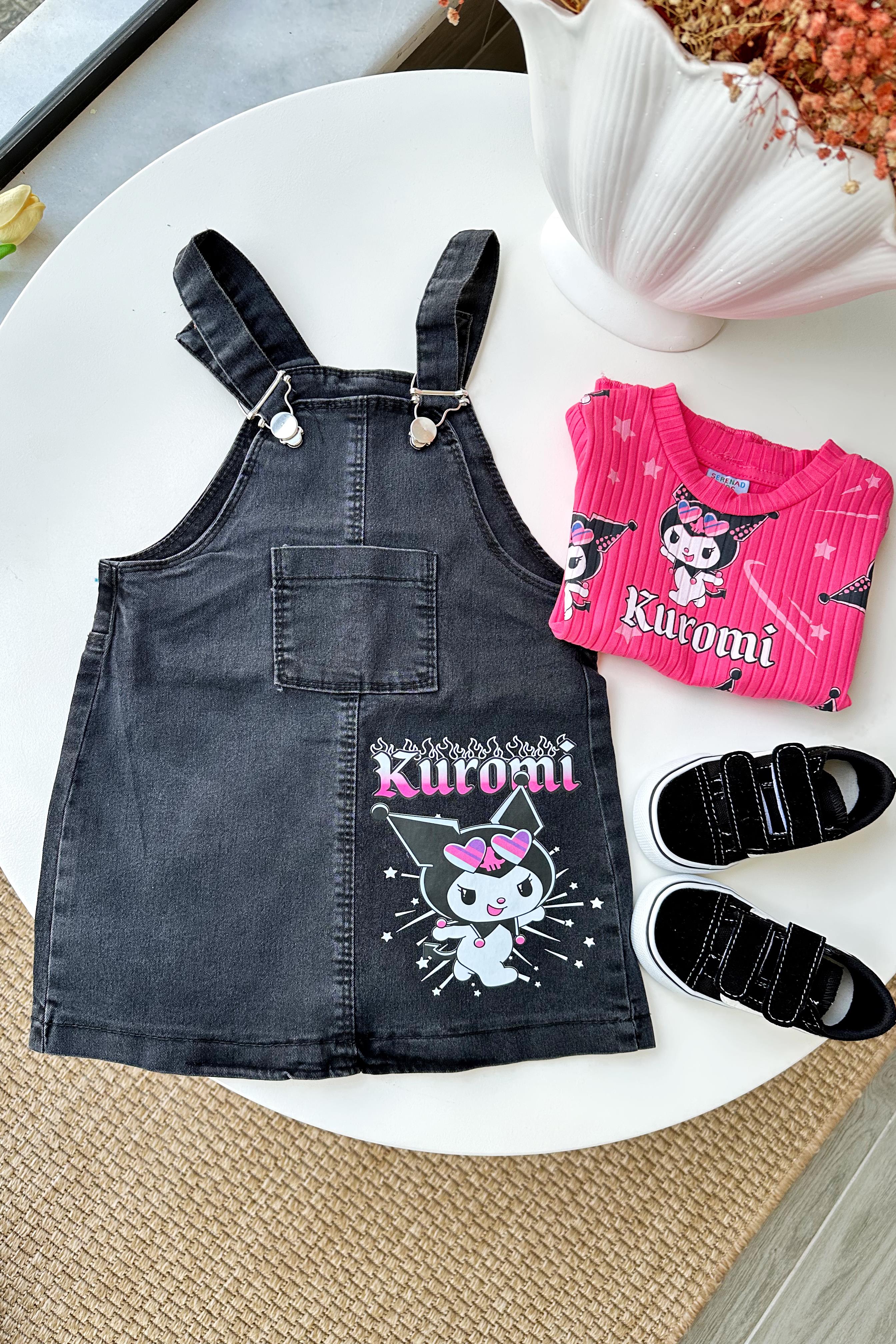 Kuromi Baskılı Çocuk Salopet Takım Pembe