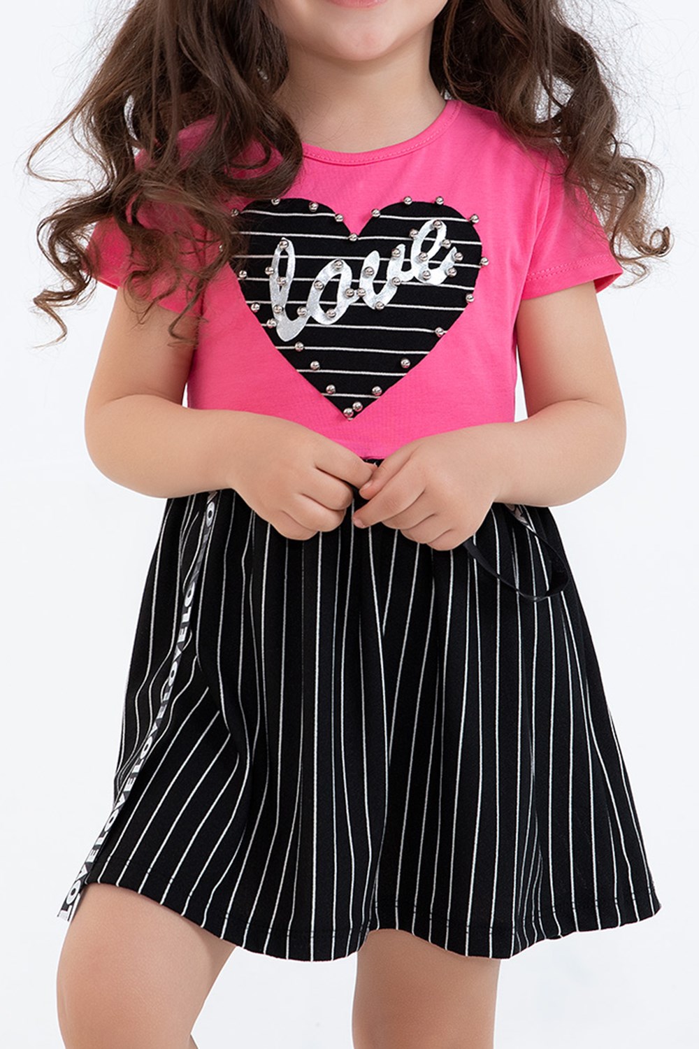 Love Baskılı Kız Çocuk Elbise Pembe