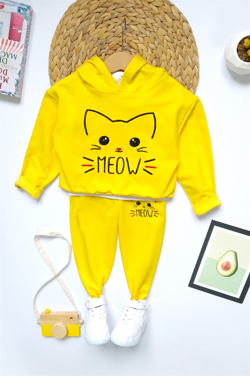Meow Baskılı Çocuk Eşofman Takımı Sarı