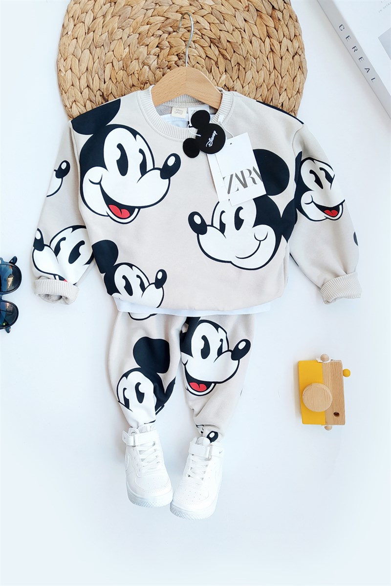 Mickey Baskılı Çocuk Eşofman Takımı Krem