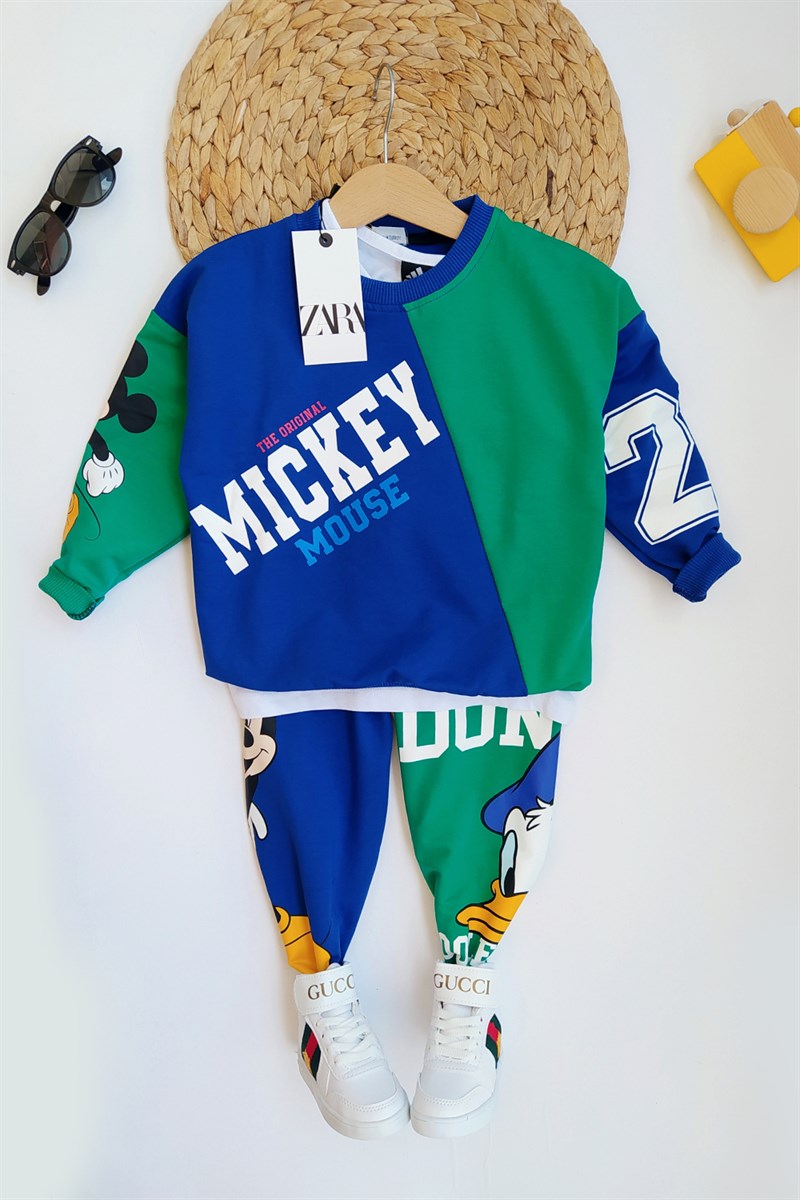 Mickey Mouse Baskılı Çocuk Eşofman Takımı Mavi Yeşil