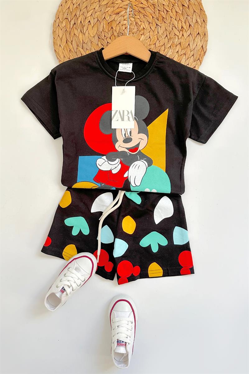 Mickey Mouse Baskılı Çocuk Şortlu Takım Siyah