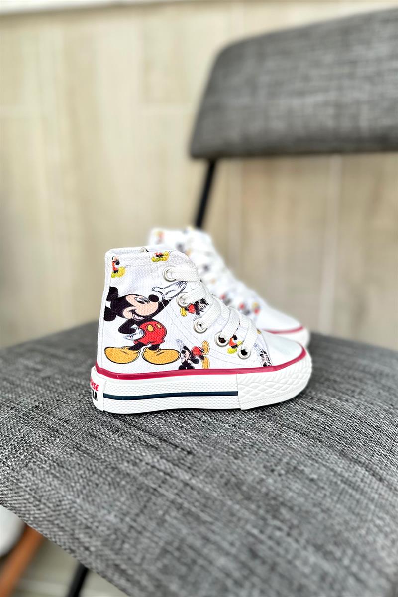 Mickey Mouse Baskılı Çocuk Uzun Ayakkabı Beyaz - Minilipy.com