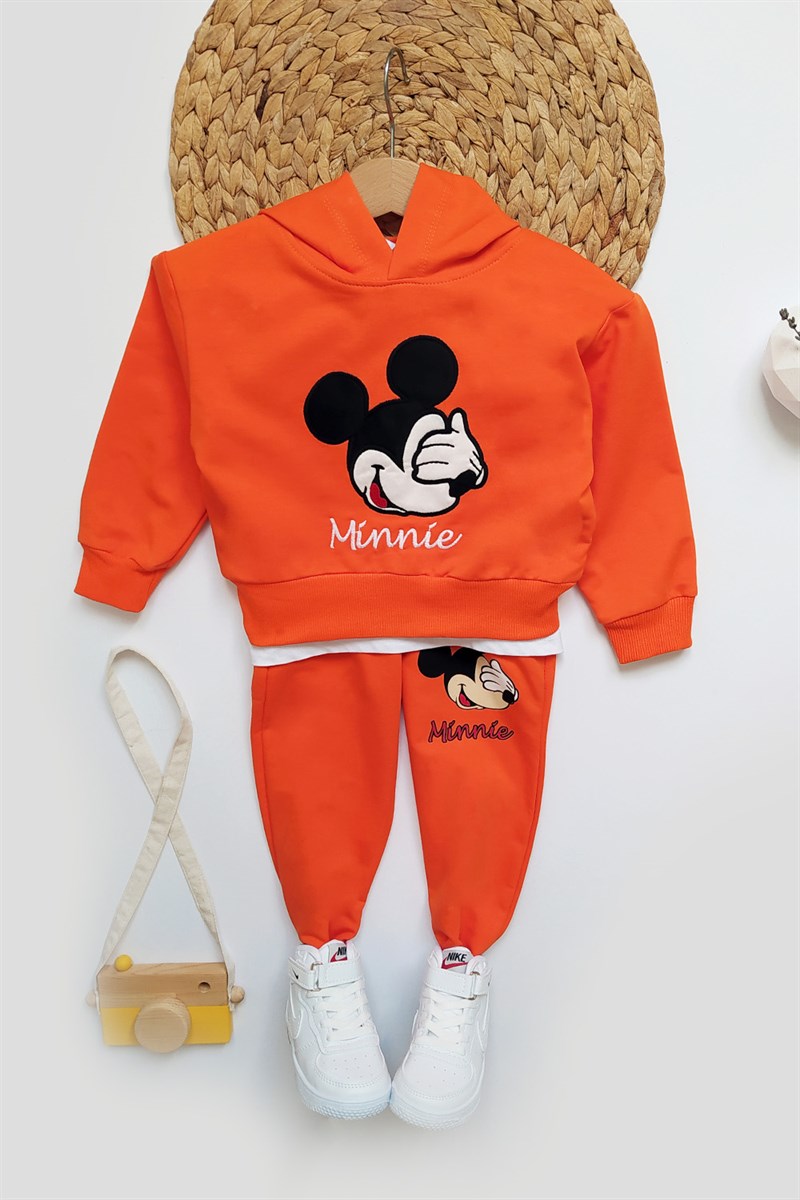 Mickey Mouse Baskılı Kapşonlu Çocuk Eşofman Takımı Turuncu