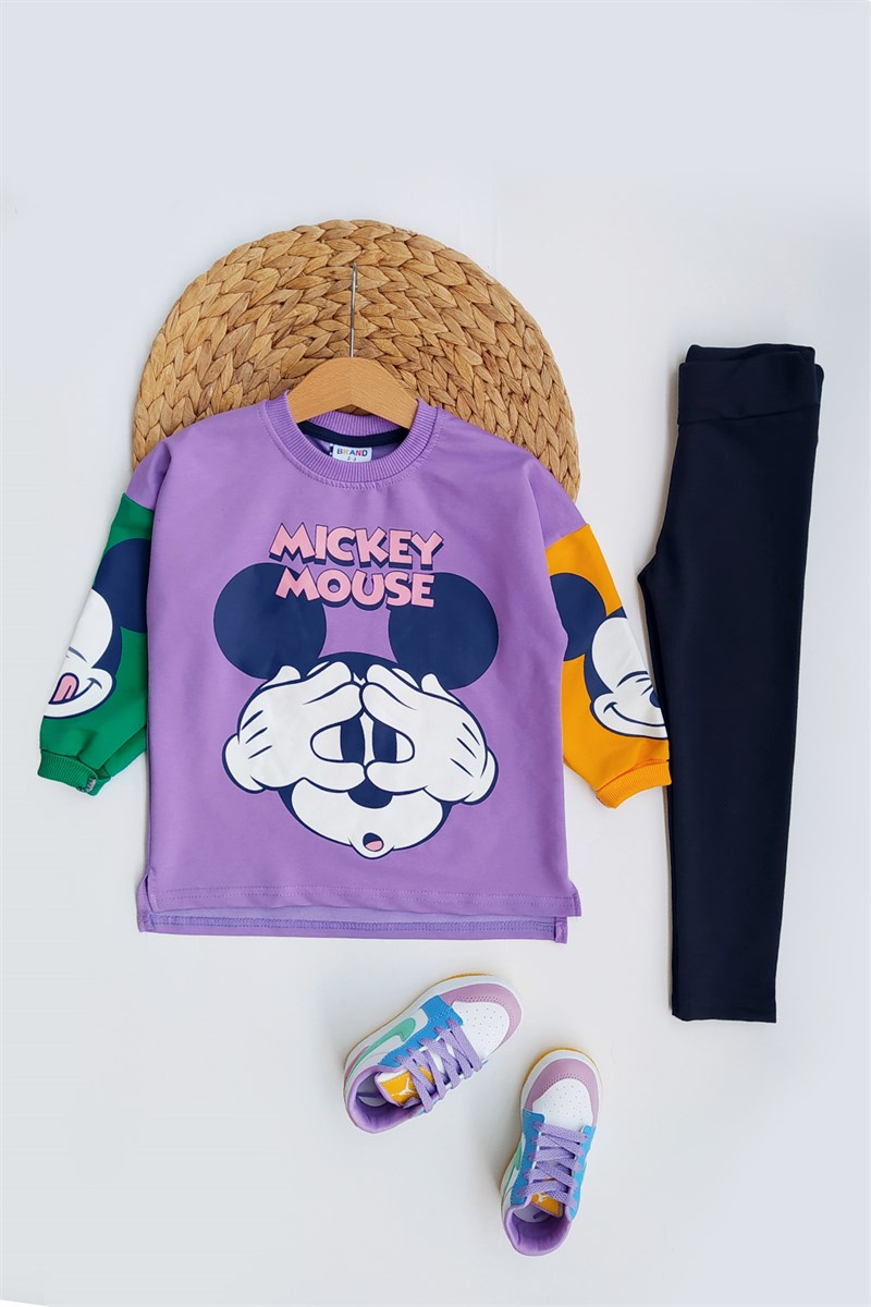 Mickey Mouse Baskılı Taytlı Kız Çocuk Takım Mor
