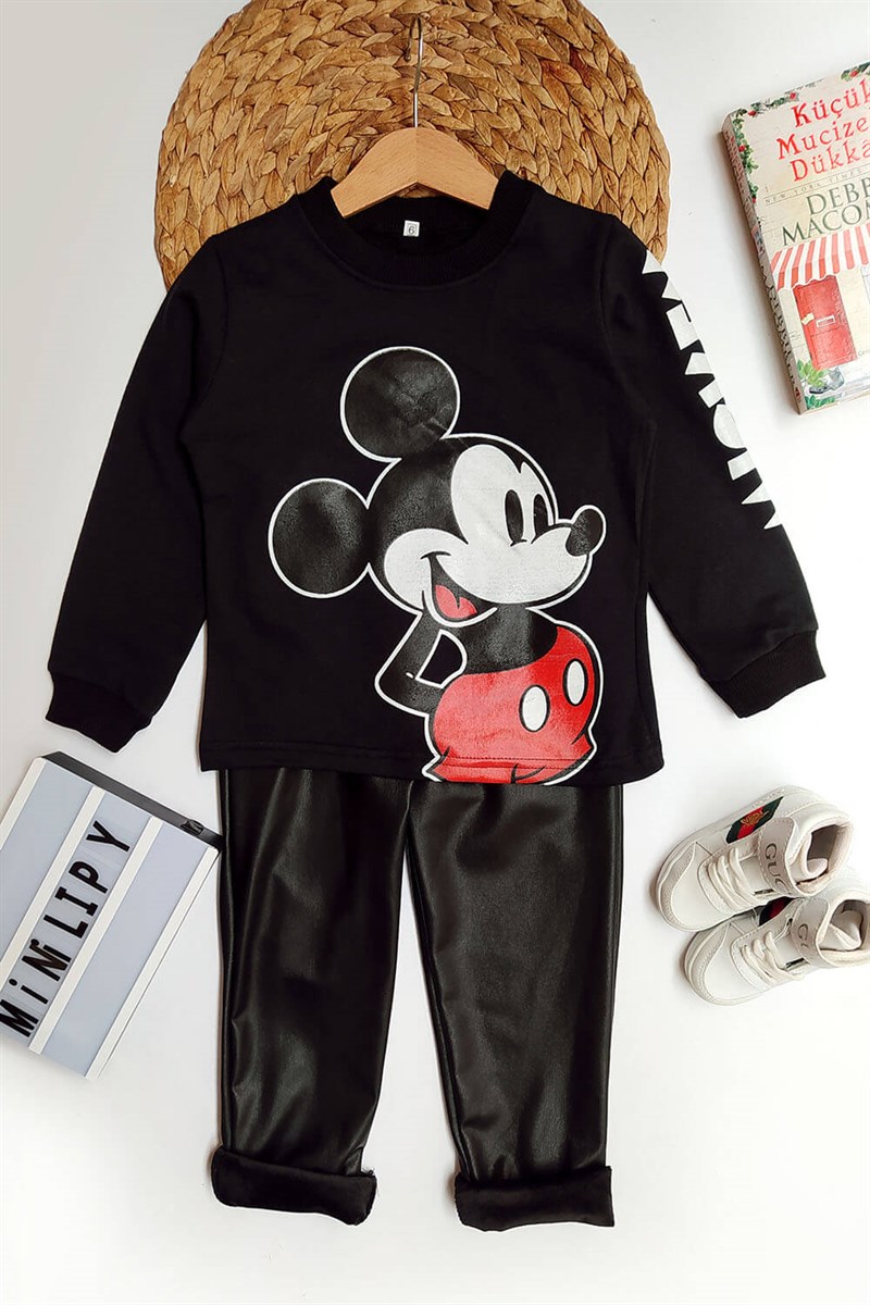 Minnie Mouse Baskılı Deri Taytlı Çocuk Takım Siyah