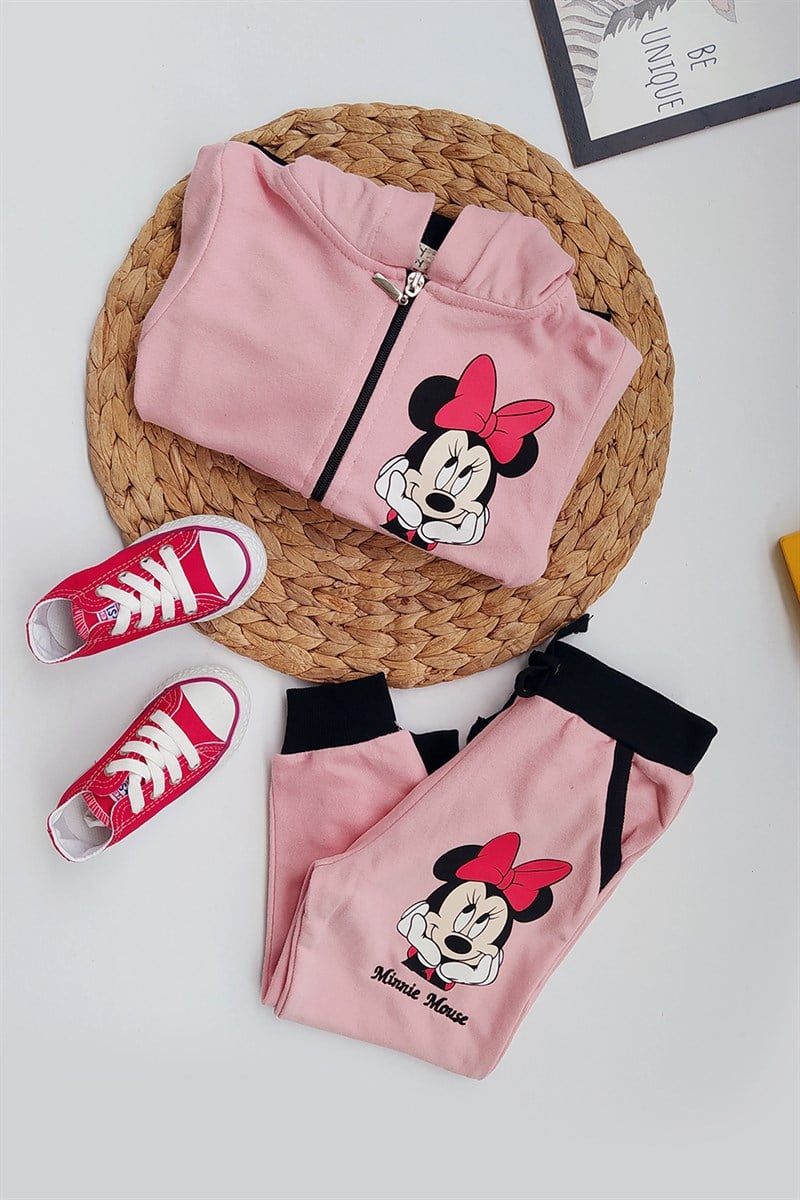 Minnie Mouse Baskılı Fermuarlı Kız Çocuk Eşofman Takımı Pudra