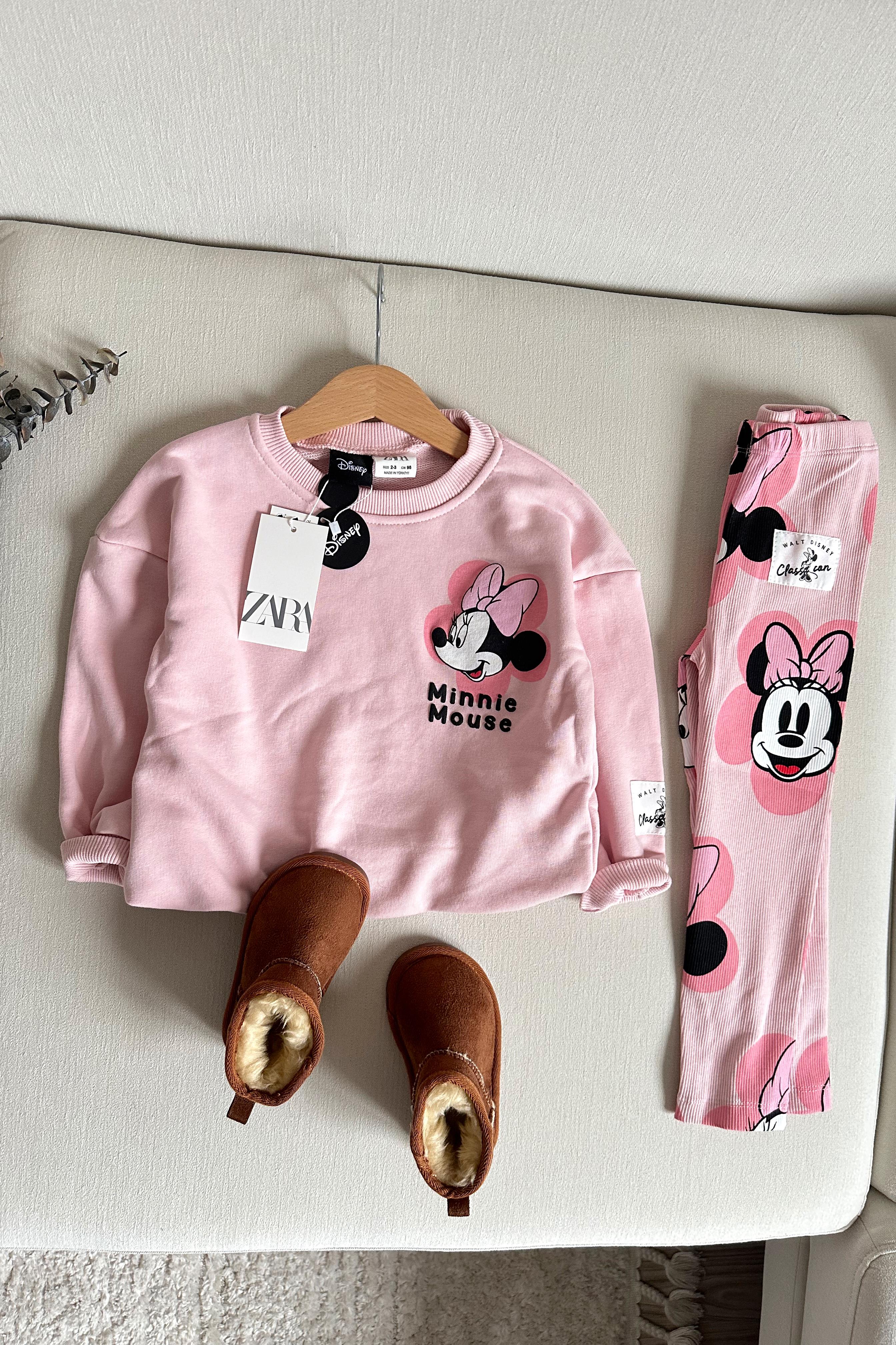 Minnie Mouse Baskılı Fitilli Tayt Takım Pembe