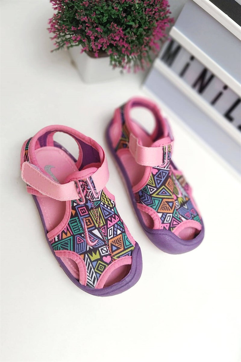 Mozaik Desen Baskılı Çocuk Sandalet Pembe Mor