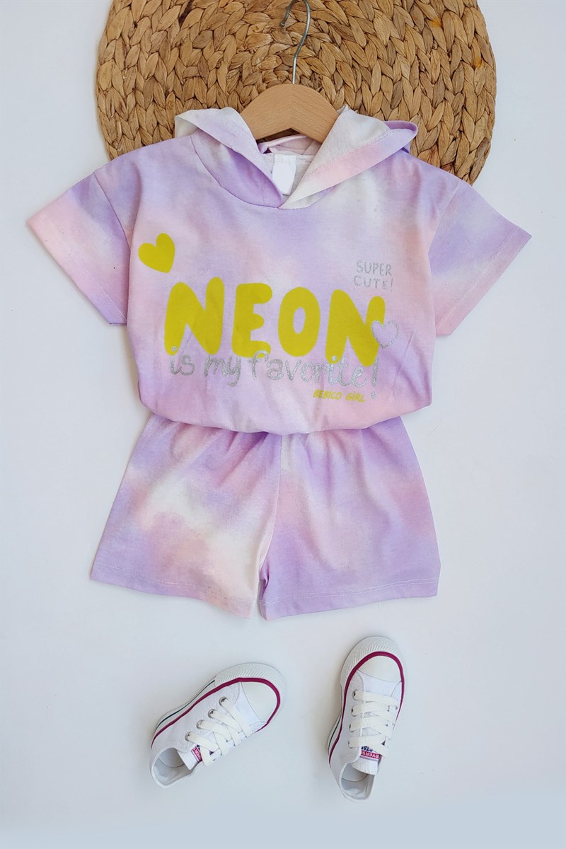Neon Baskılı Kapşonlu Kız Çocuk Takım Mor