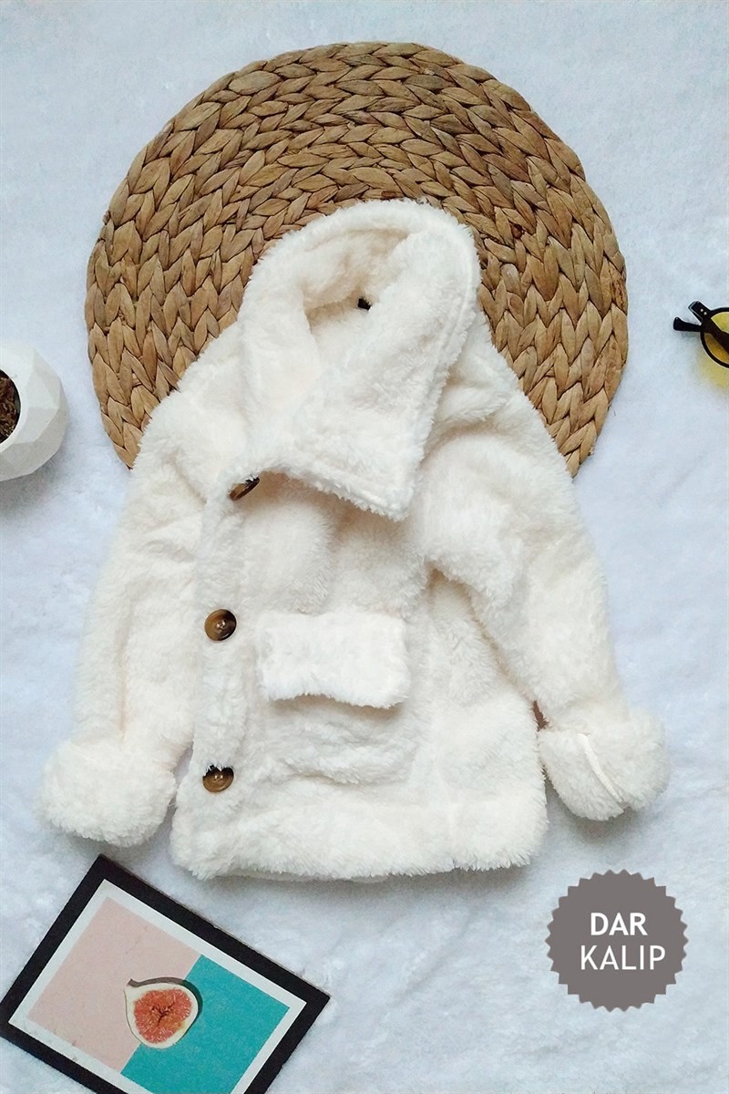 Önden Cepli Çocuk Peluş Ceket Beyaz