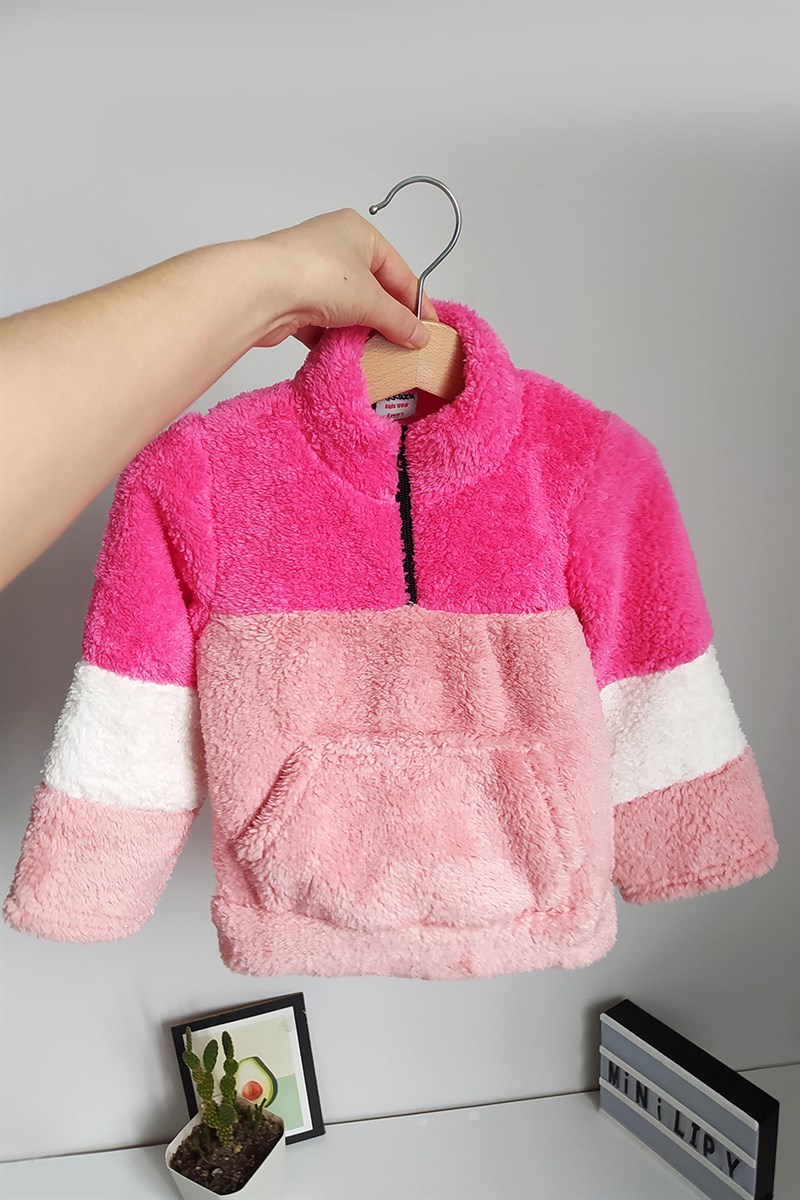 Önü Fermuarlı Kız Çocuk Peluş Sweat Pembe