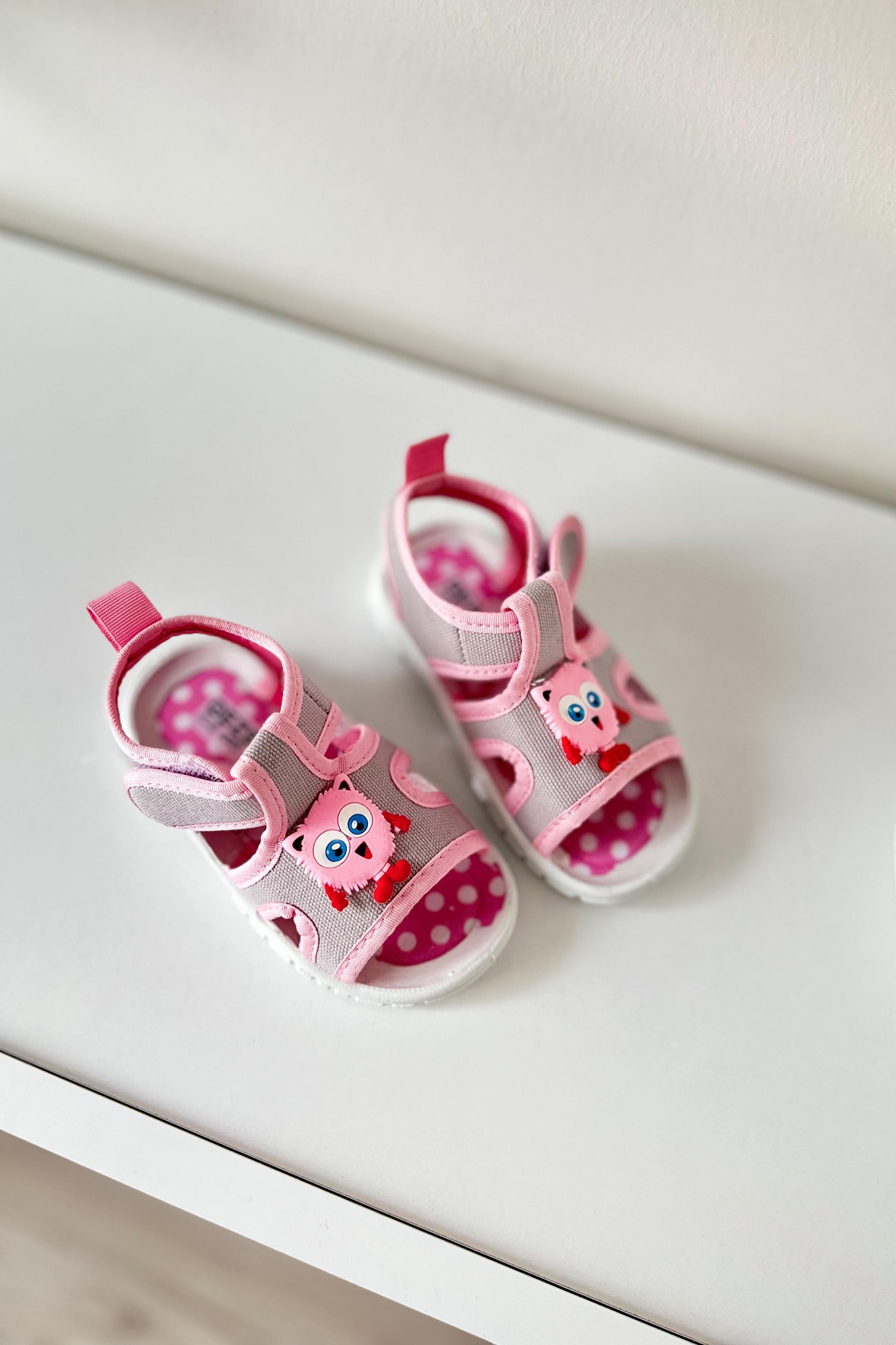 Önü Kedili Çocuk Sandalet Pembe Gri