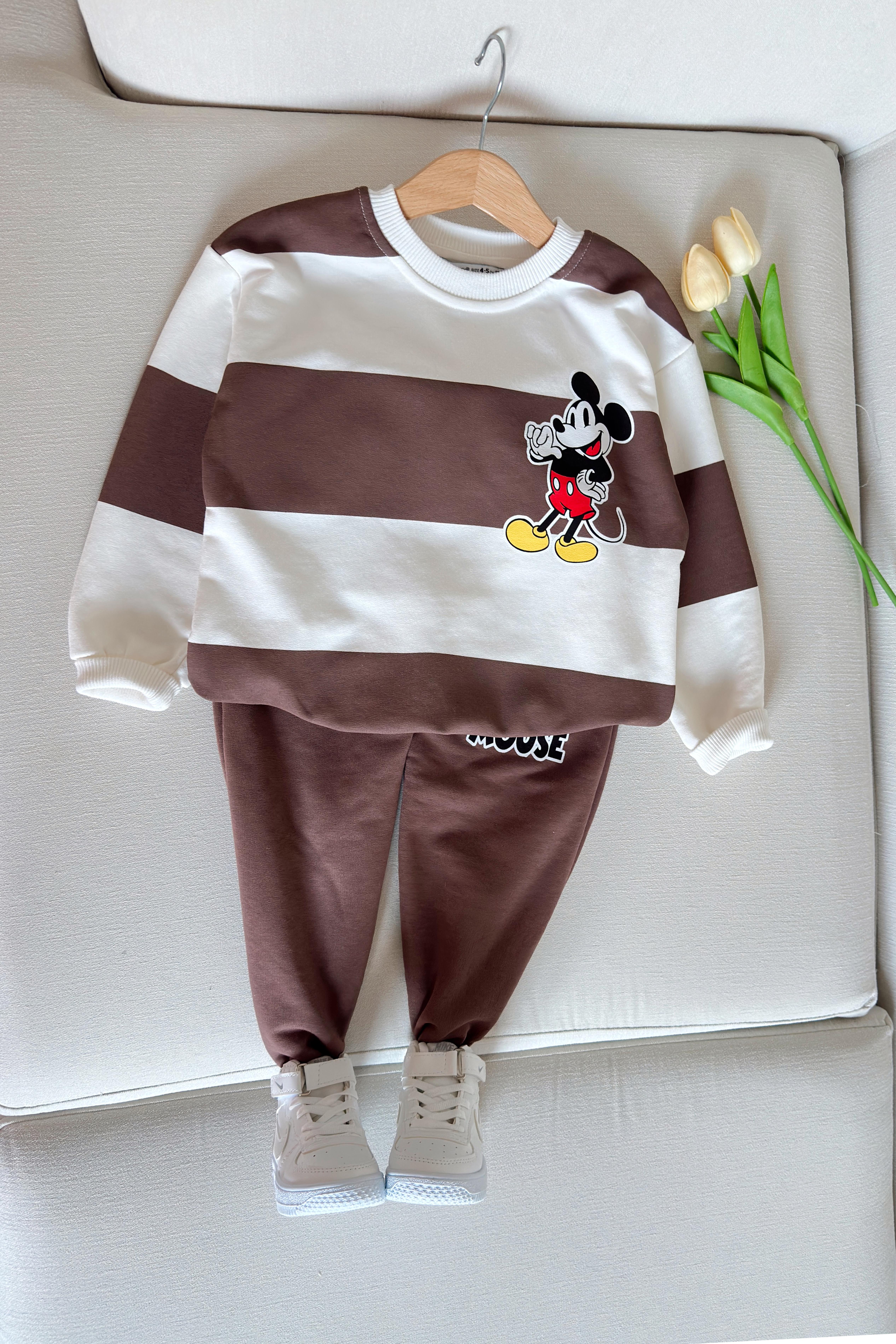Önü Mickey Baskılı Çizgili Çocuk Takım Kahverengi Beyaz