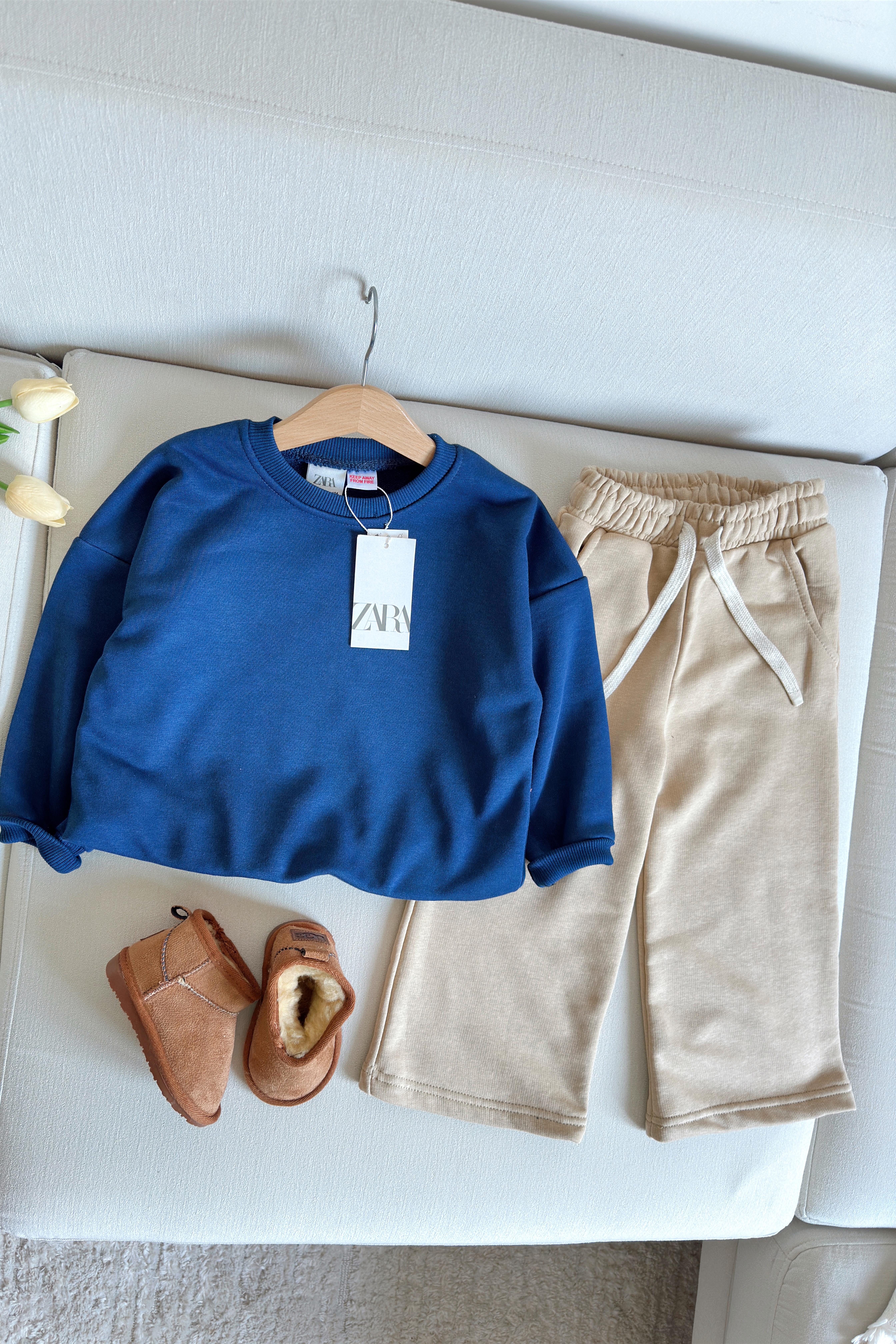 Önü Panda Baskılı Çocuk Eşofman Takımı Lacivert Bej