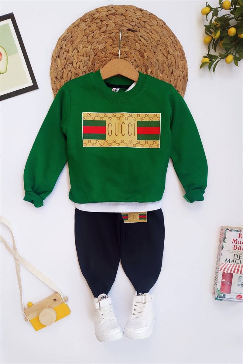 Önü Yazı Baskılı Çocuk Sweat Takım Yeşil Siyah