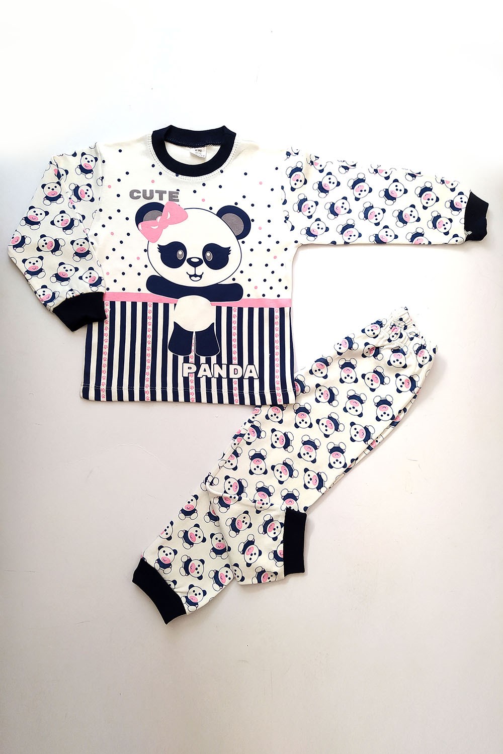 Panda Baskılı Çocuk Pijama Takımı Lacivert Beyaz