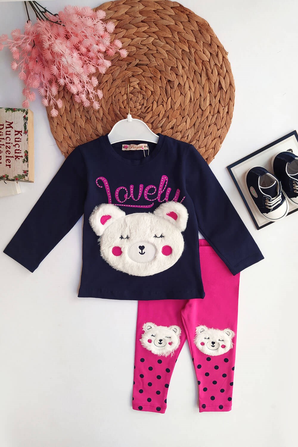 Peluş Ayıcık Baskılı Kız Çocuk Taytlı Takım Lacivert Pembe