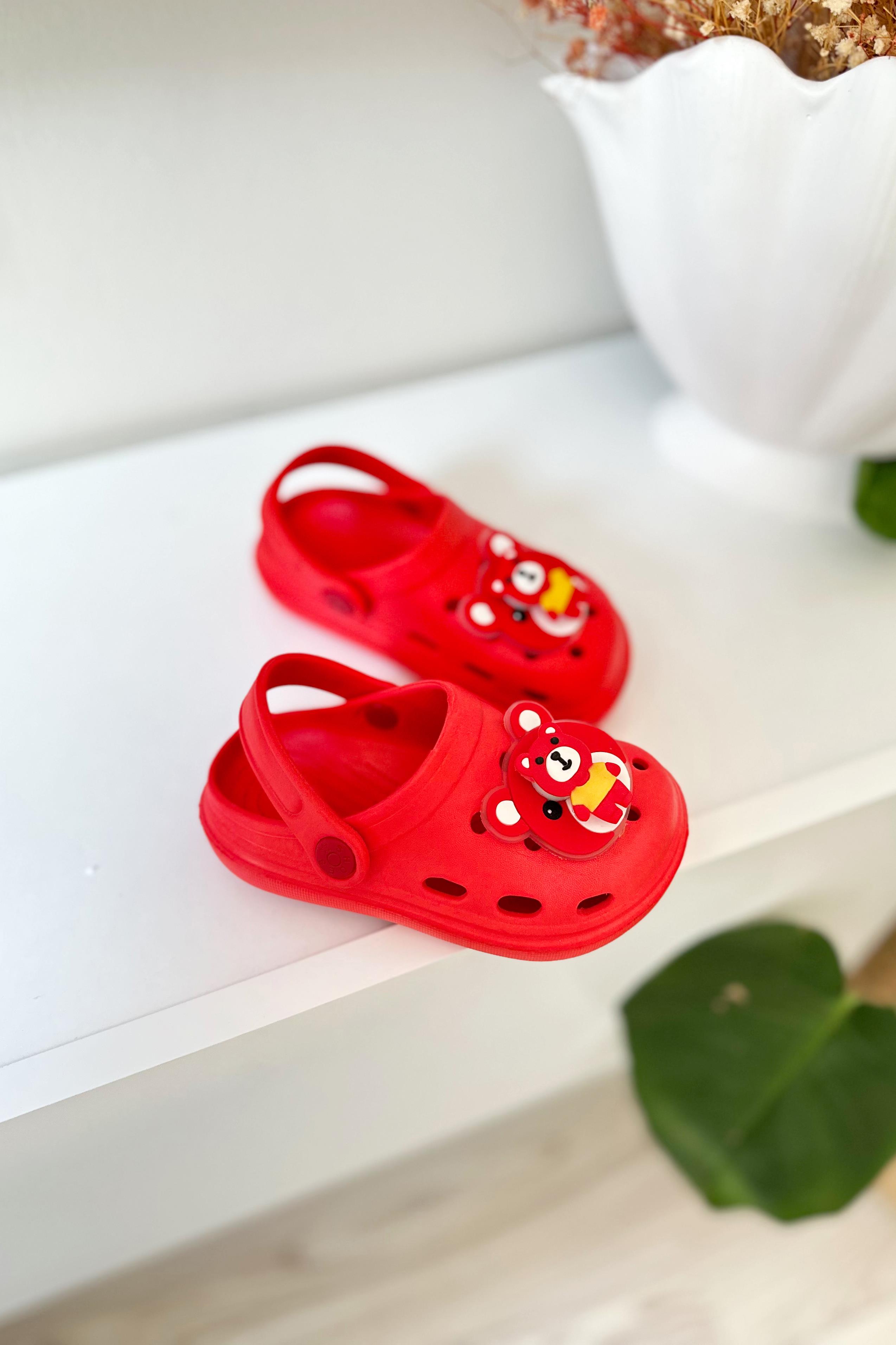 Pervaneli Ayıcıklı Çocuk Sandalet Kırmızı