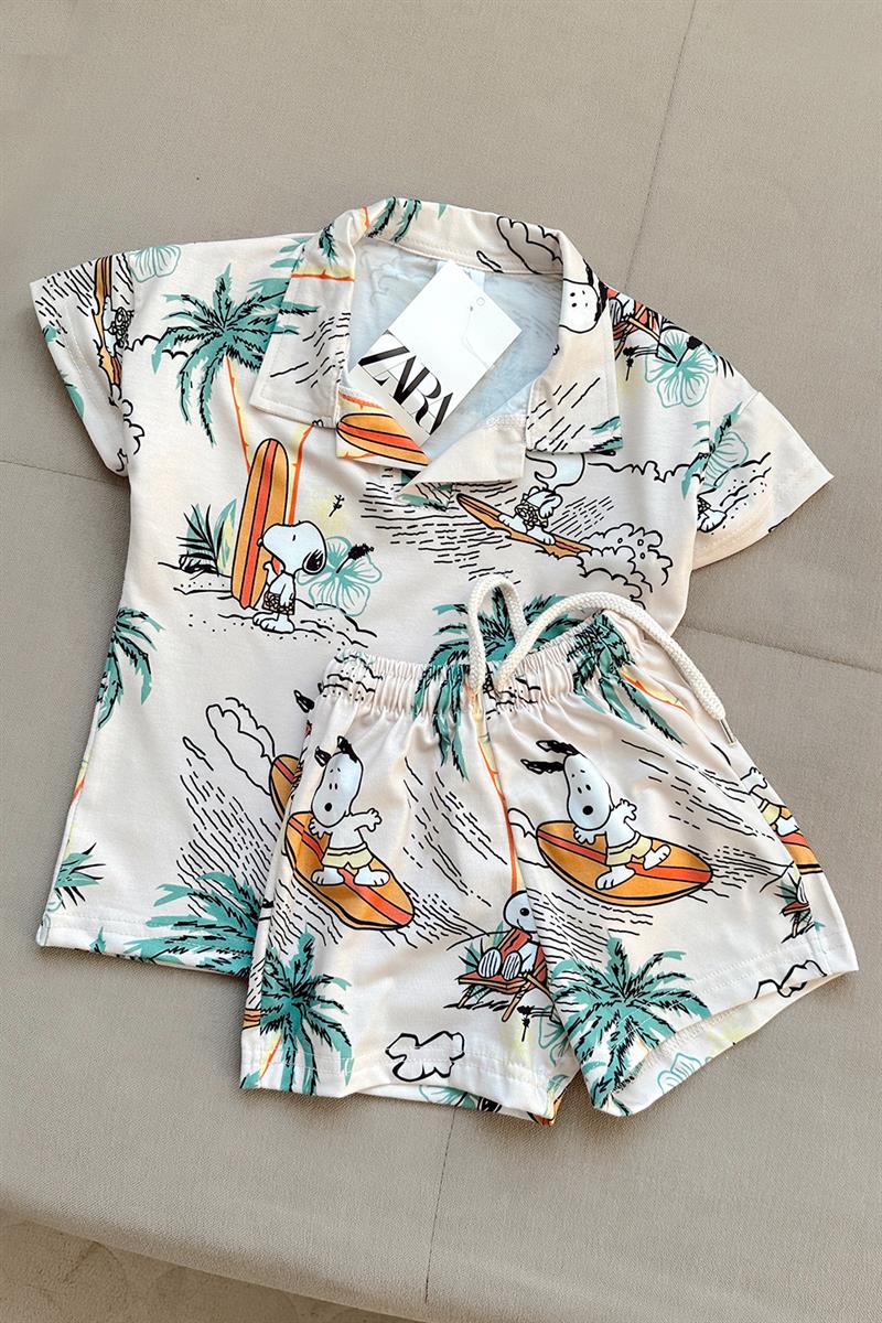 Polo Yaka Snoopy Baskılı Çocuk Şortlu Takım Bej