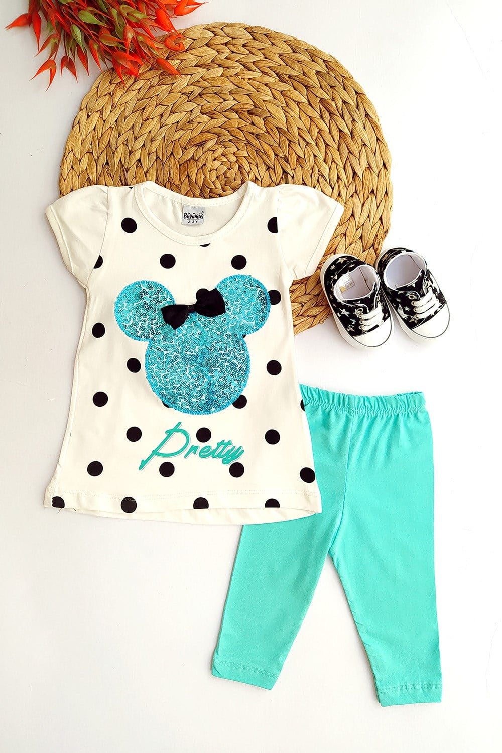Pullu Puantiyeli Kız Çocuk Takım Mint Beyaz