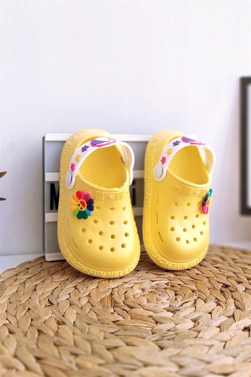Renkli Çiçek Baskılı Çocuk Crocs Terlik Sarı - Minilipy.com