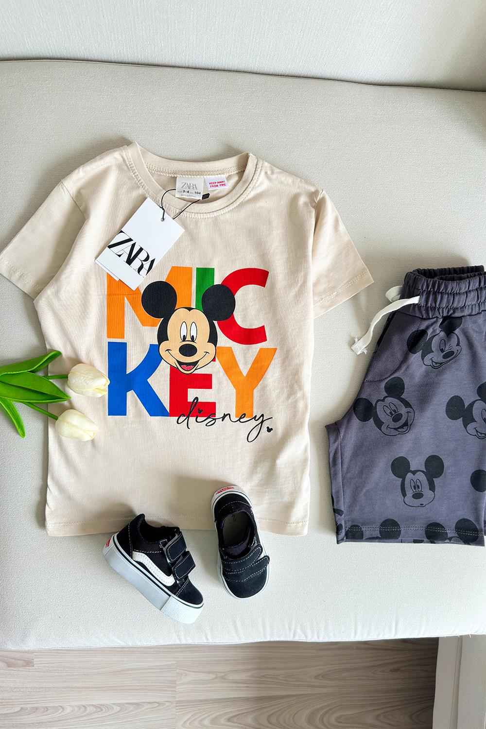 Renkli Mickey Baskılı Çocuk Şortlu Takım Antrasit Bej