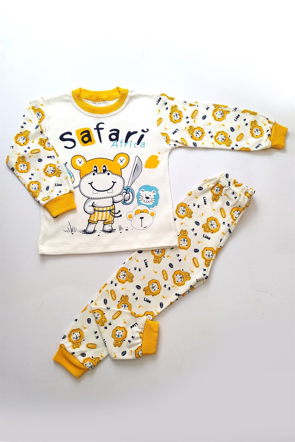 Safari Baskılı Çocuk Pijama Takım Sarı Beyaz