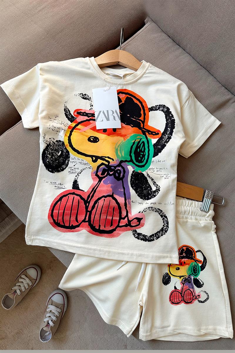 Şapkalı Snoopy Baskılı Çocuk Şortlu Takım Krem