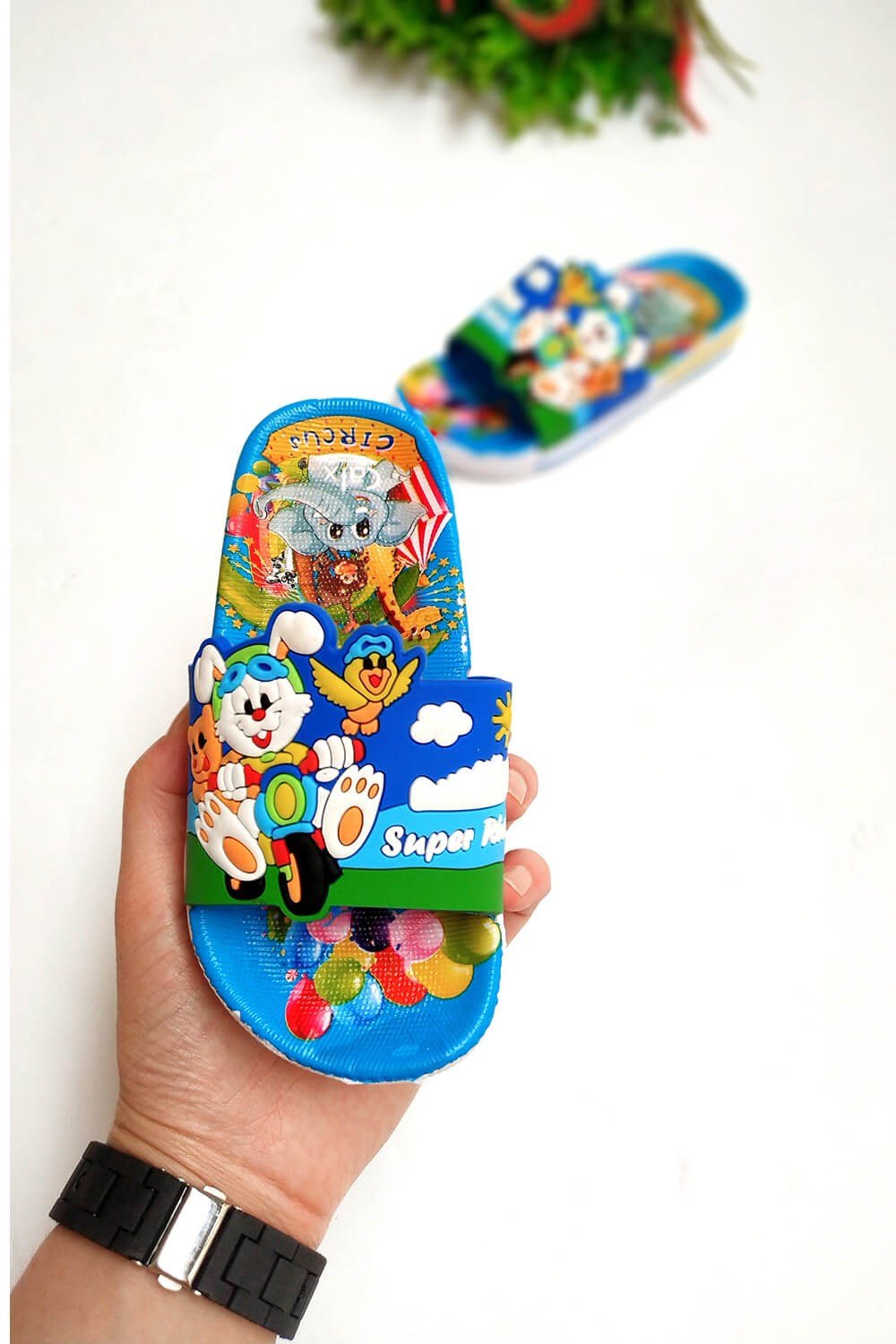 Sevimli Hayvan Baskılı Çocuk Terlik Mavi