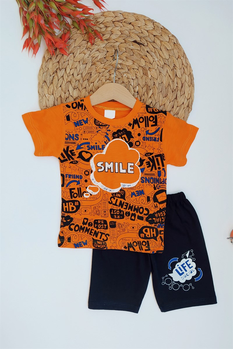 Smile Baskılı Erkek Çocuk Takım Turuncu Lacivert