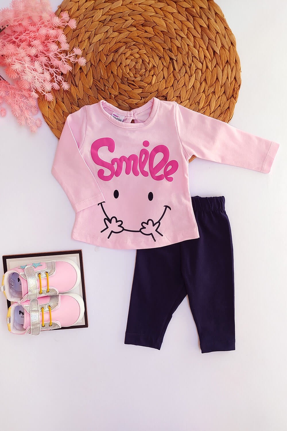 Smile Baskılı Kız Çocuk Taytlı Takım Pembe