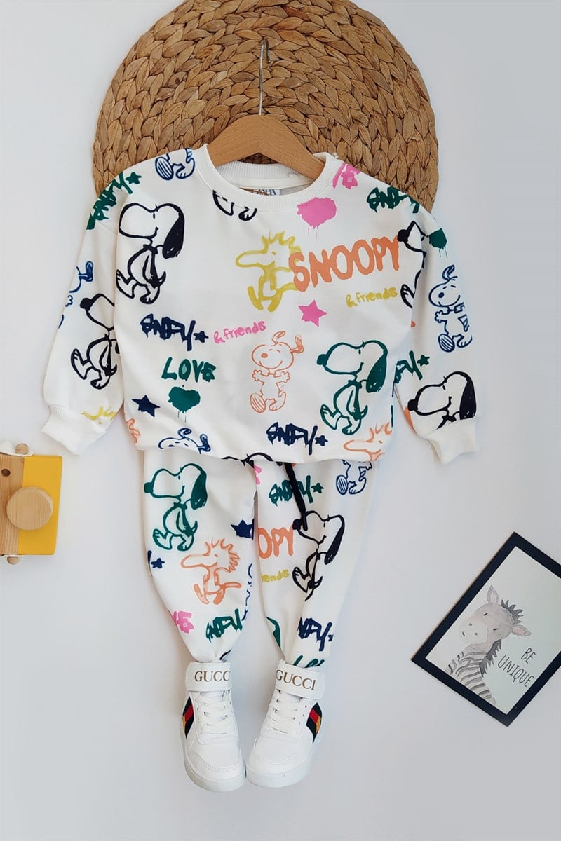 Snoopy Baskılı Çocuk Eşofman Takımı Beyaz