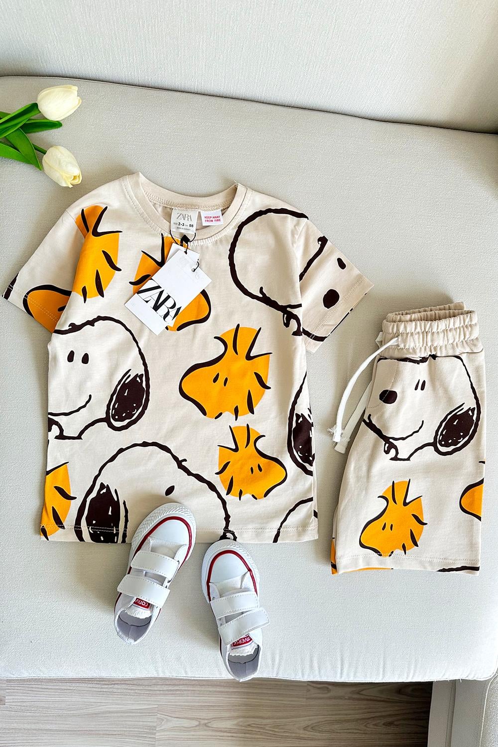 Snoopy Desenli Çocuk Şortlu Takım Bej Sarı