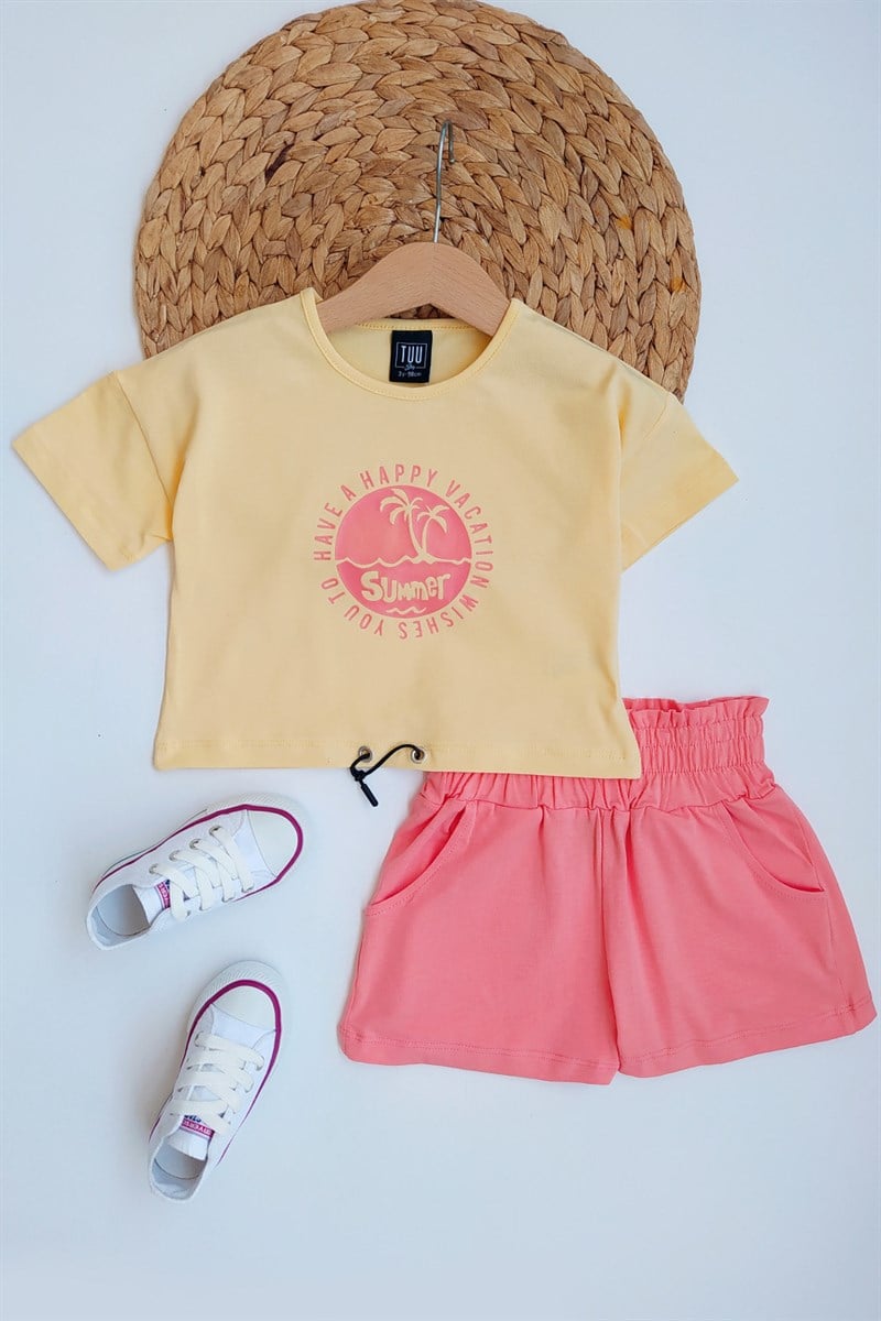Summer Baskılı Kız Çocuk Şortlu Takım Pembe