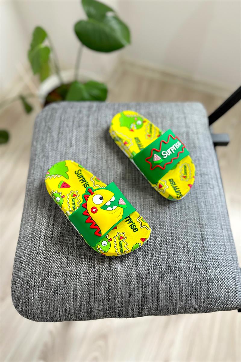 Surprise Baskılı Çocuk Terlik Sarı Yeşil