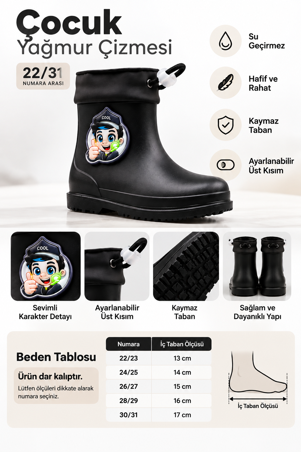 Yan Emojisi Işıklı Su Geçirmez Çocuk Yağmur Bot Ayakkabı