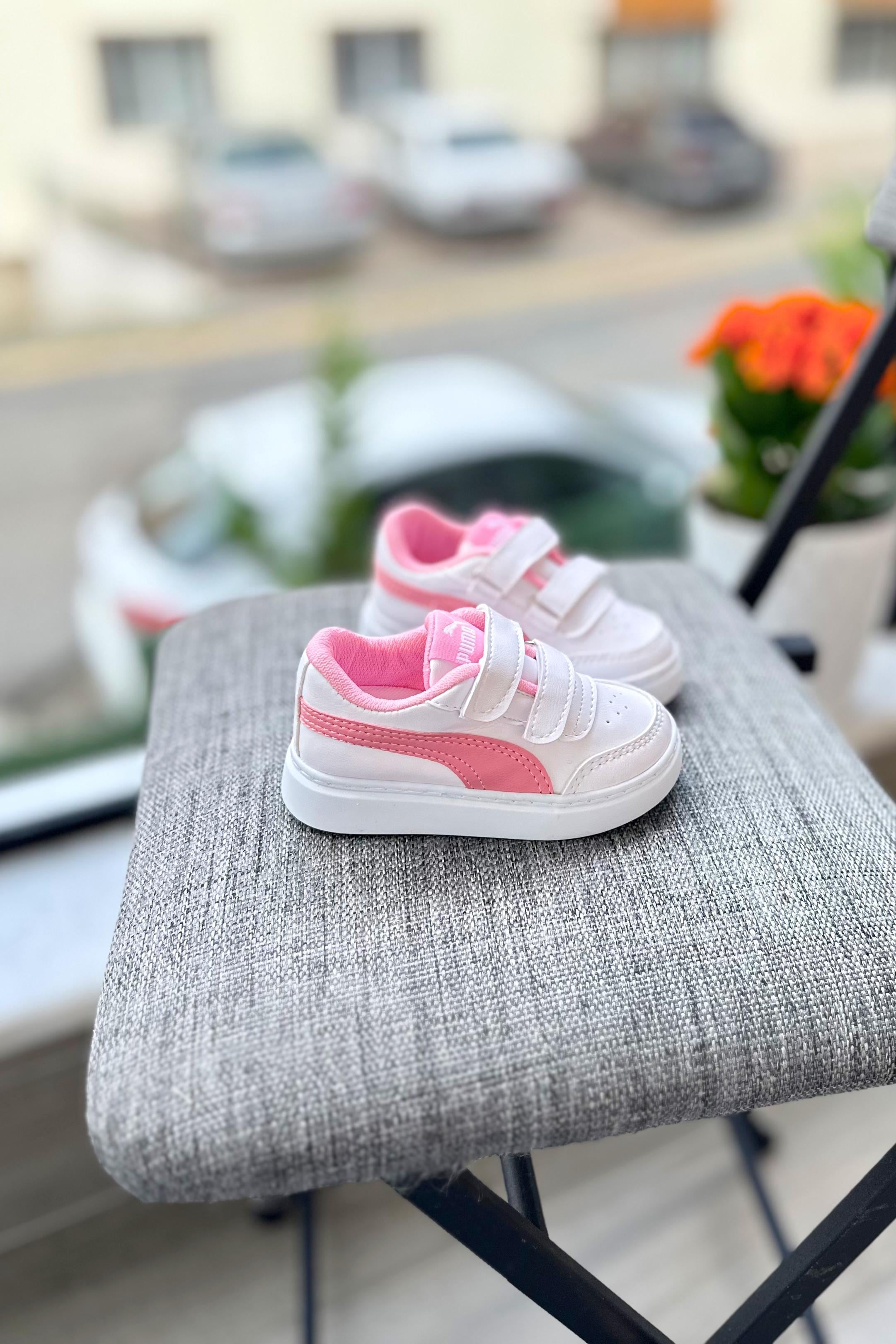 Yanı Desenli Cırtlı Çocuk Spor Ayakkabı Beyaz Pembe
