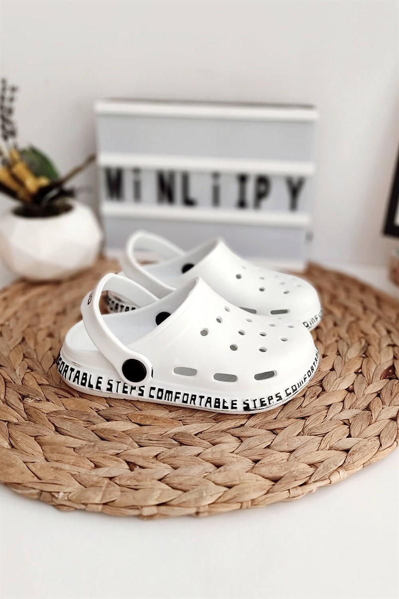 Yazı Baskılı Çocuk Crocs Sandalet Beyaz Siyah