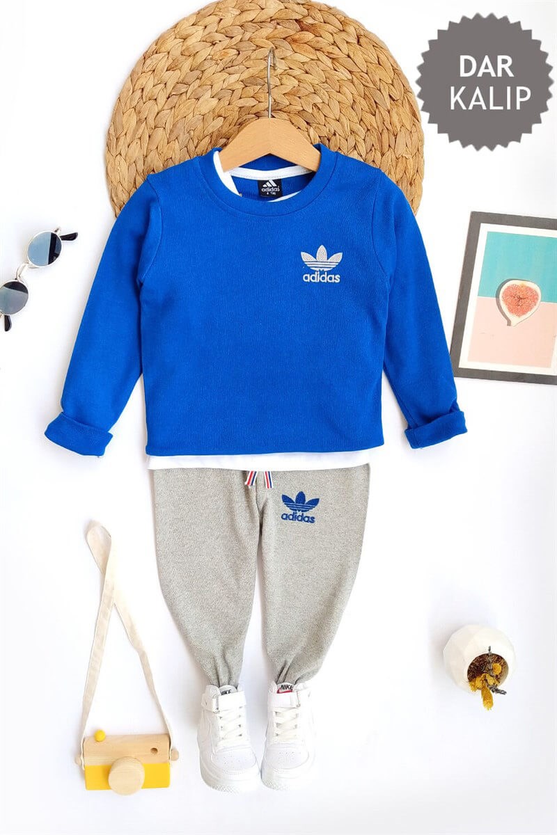 Yazı Baskılı Çocuk Sweat Takım Mavi Gri