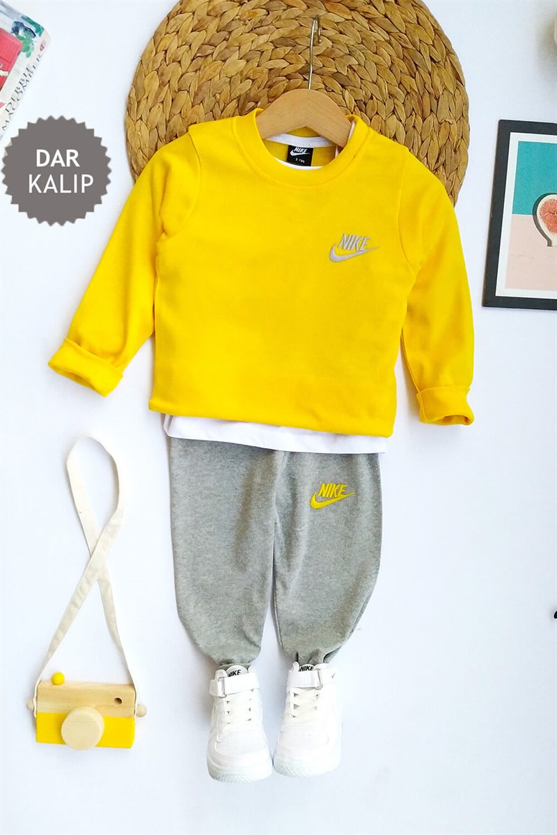 Yazı Baskılı Çocuk Sweat Takım Sarı Gri