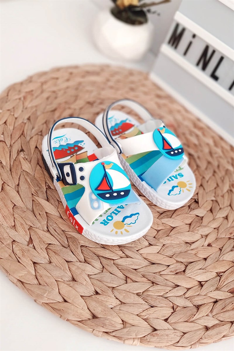 Yelken Baskılı Çocuk Sandalet Mavi Beyaz