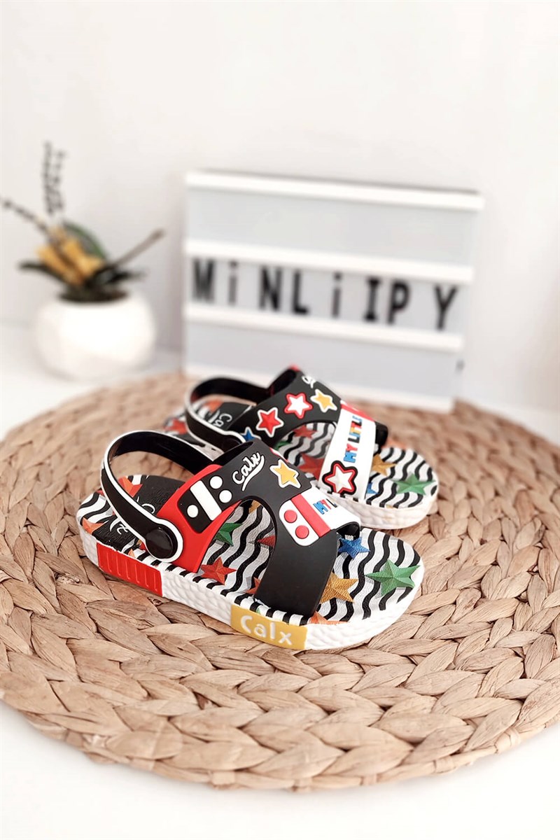 Yıldız Baskılı Çocuk Sandalet Siyah