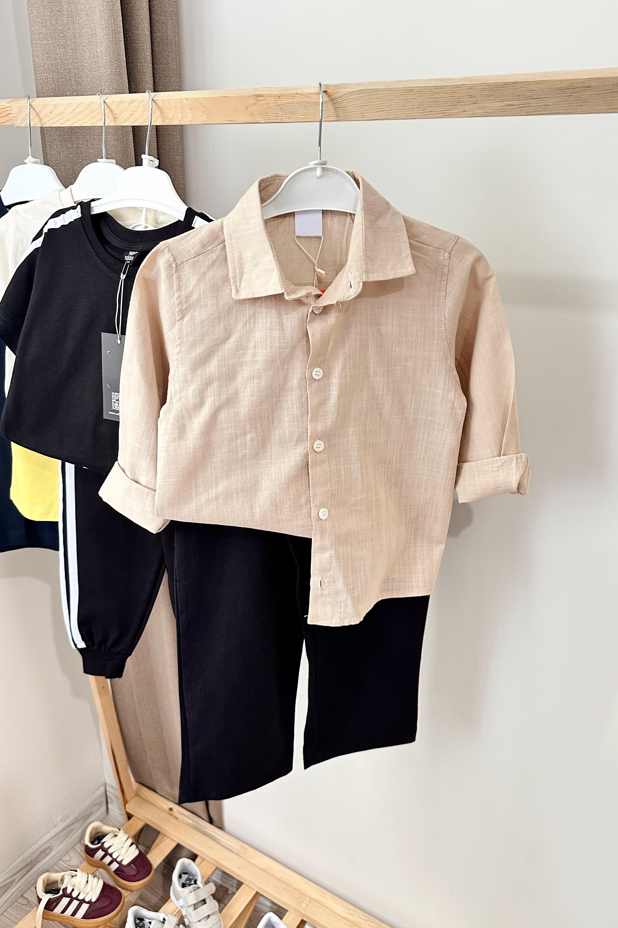 ZR Çocuk Keten Gömlek Pantolon Takım Bej Siyah