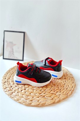 Ayıcıklı Işıklı Çocuk Spor Ayakkabı Siyah Kırmızı