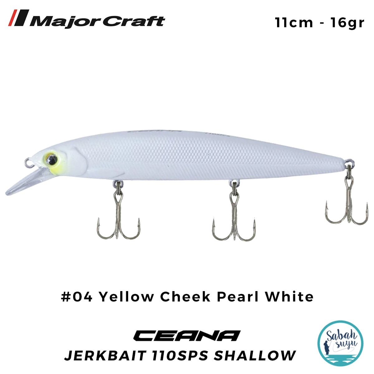 Major Craft Ceana Jerkbait 110SPS Shallow 11cm 16gr #04 Yellow Cheek Pearl White