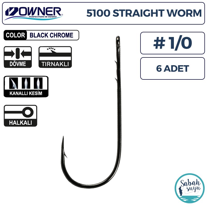 Owner 5100 Straight Worm Tırnaklı Delikli İğne #1/0 (6 Adet) Siyah