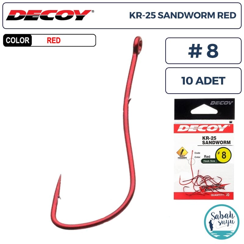 Decoy KR-25 Sandworm Tırnaklı Delikli Olta İğnesi Kırmızı #8 (10 Adet)