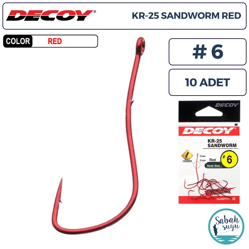 Decoy KR-25 Sandworm Tırnaklı Delikli Olta İğnesi Kırmızı #6 (10 Adet)