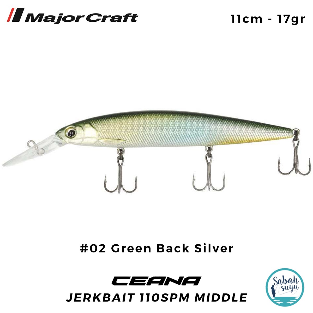 Major Craft Ceana Jerkbait 110SPM Middle 11cm 17gr #02 Green Back Silver